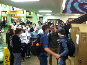 In the spirit of Valentines Day, South High pop singers serenaded students before school. Students danced and a crowd quickly emerged.
 Photo: Margaret Fisher 