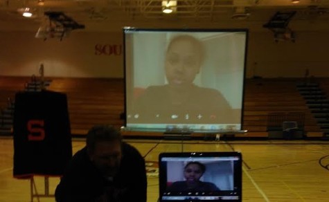 Tayler Hill attended the ceremony through skype, which was projected on a screen.