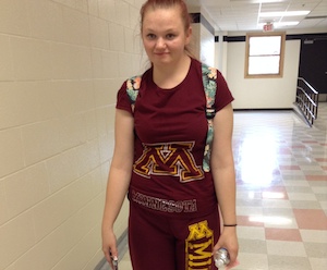 Miranda Klemz shows off her Minnesota pride with a University of Minnesota outfit for spirit week. Many students and teachers are participating in the dress up days this week. Themes this year include backwards day, cartoon day, Minnesota pride day, neon day, and Tiger pride day.
