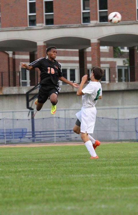 Senior Hamzard Abdul performs a stunning header in a men’s soccer game. Abdul was selected to play in the Minnesota all-state team. Photo courtesy of Hamzard Abdul