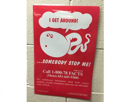 Some posters in the health classroom give useful information such as this one, which provides a hotline to find out sexual health information. 