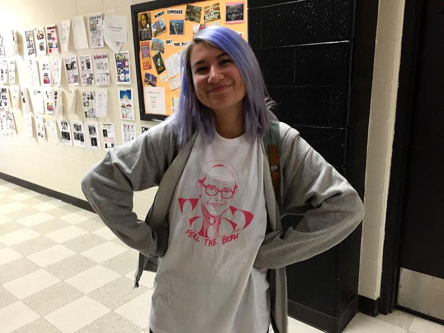 Sophomore Beatrix Del Carmen was eager to show off her Feel the Bern T-shirt in the school hallways. Support for Bernie Sanders has been growing among South students. 