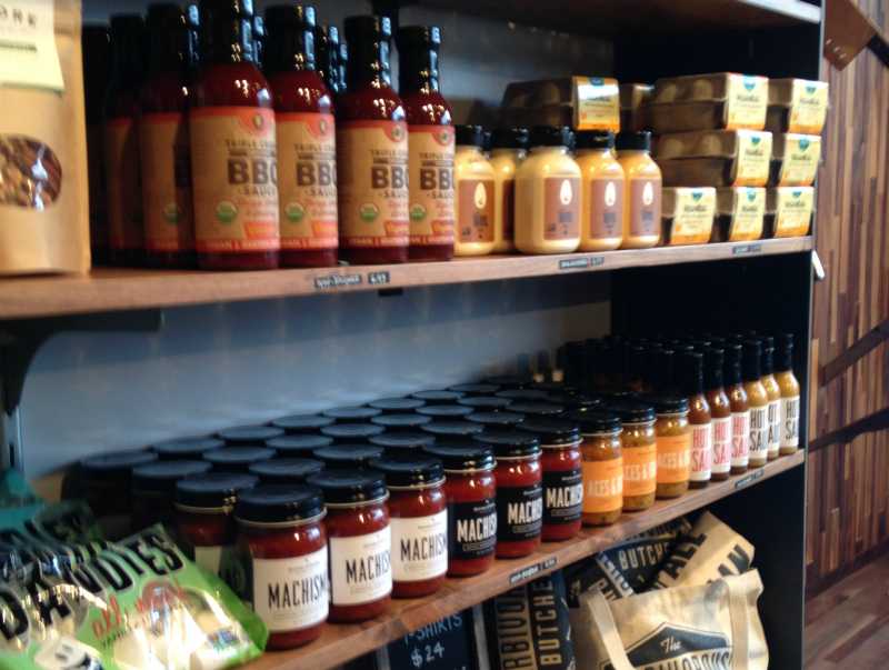 The Herbivorous Butcher also sells a variety of vegan alternatives to common dairy products. On this shelf are sold vegan eggs, mayo, BBQ sauce, marshmallows and more.