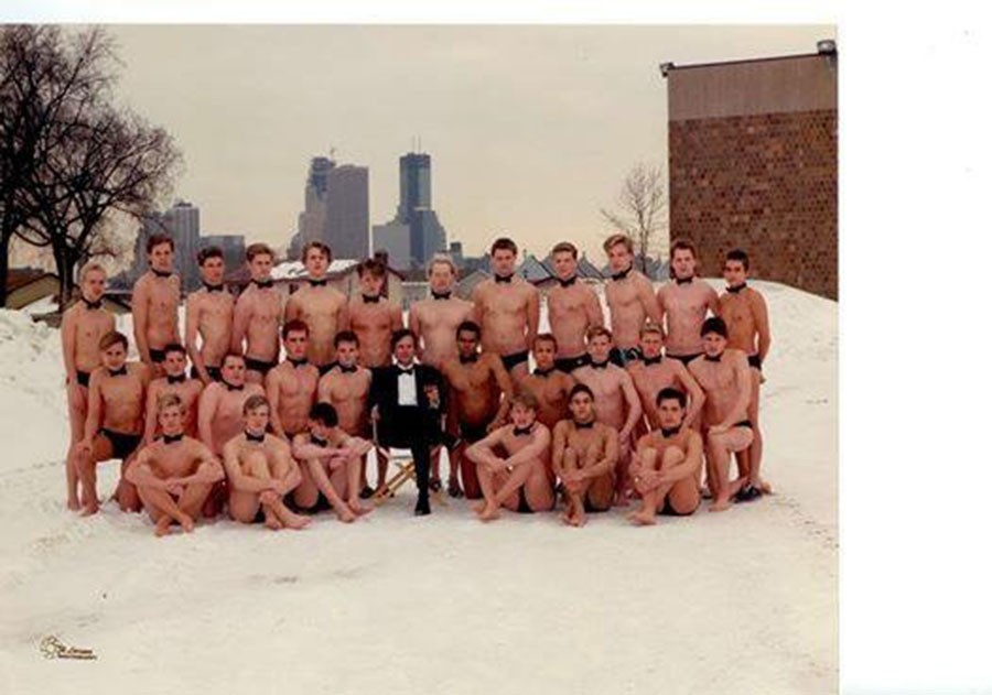 South High's 1987-1988 men's swim team in front of Franklin Jr. High. 