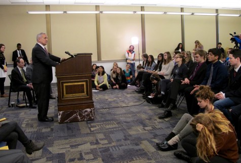 Governor Mark Dayton addresses a crowd of 75 young people from across the state. South students pressed Dayton to involve communities of color in the implementation of the Clean Power Plan. 