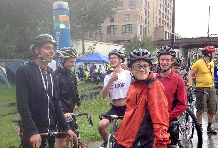 Before taking part in the Powderhorn 24, a 24 hour bike race, this team of high school students pose for a pre-race photo. South junior Maxwell Hansen (2nd from the left) has done the race before but this will be South junior Ben Meier’s first time doing the race. “[My friends] said it would be really fun so I was like ‘Oh yeah, for sure,” explained Meier. Photo courtesy of Amy Meier.