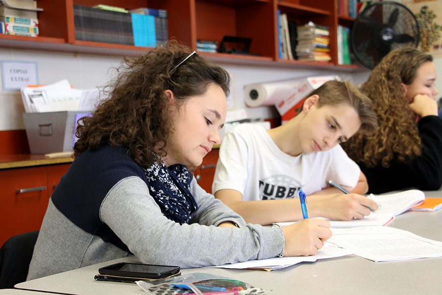 The exchange student, Anna Bichon from France, during her Spanish lesson, concentrated with her homework, beside an American classmate of South High. 