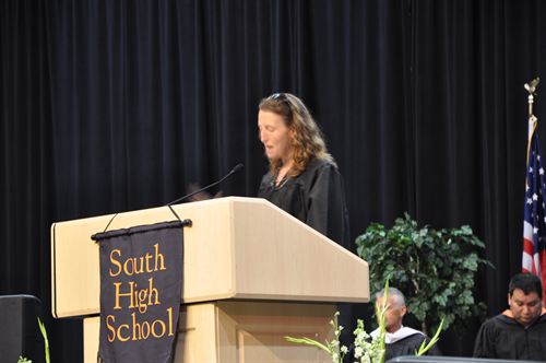 Pictured above 2017 commencement speaker, Kelly Barnhill, gives her speech to send off the class of 2017 along with her eldest daughter, Ella Barnhill. Photo courtesy: Lisa Ramirez