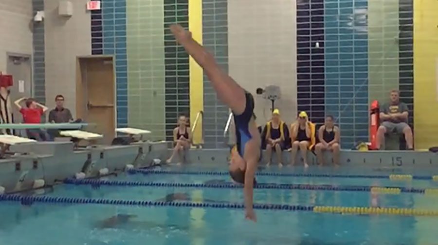 Pictured above: Katie Kelbrants, South’s only diver at the Columbia Heights competition diving. This meet happened last year on September 28th. TMT won both the swimming and diving competitions. After winning the meet Katie said, “I felt really good because diving is such a competitive and precise sport, it’s really difficult to win a meet.” Photo courtesy of Emma Bursinger