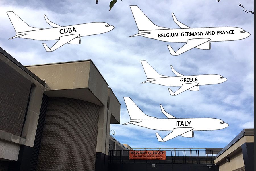 Graphic planes flying out of South's front entrance as students have the option on going to one of many trips abroad. “I think that kind of immersion and being in a country like that is really beneficial for language proficiency,” said junior Astrid Berger, who is attending a school trip to Cuba.