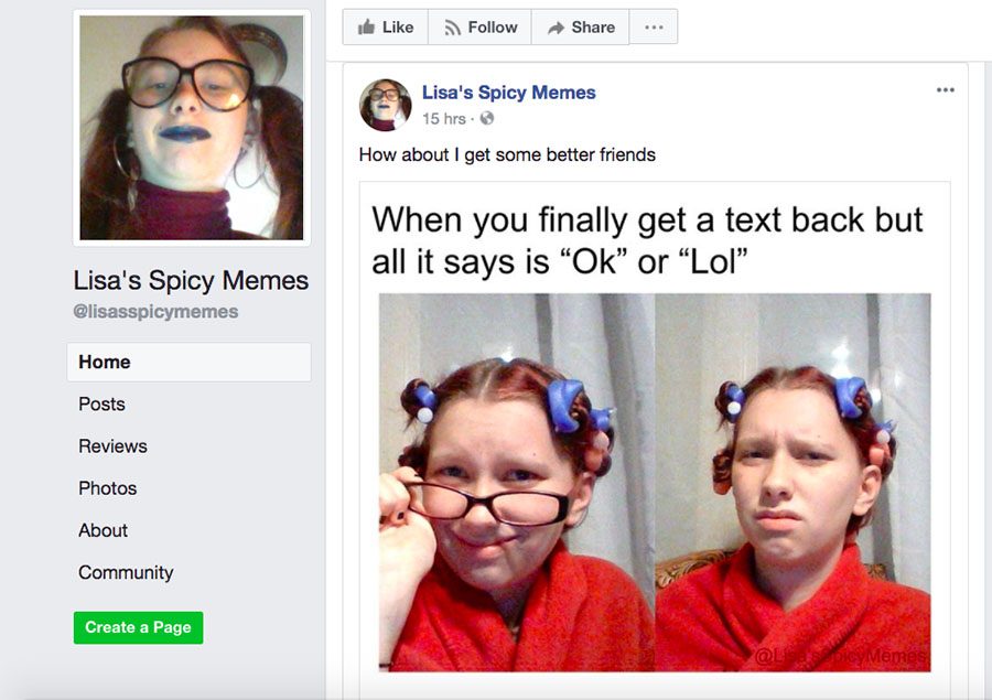 Above is a screenshot of 12th grader Lisa Marie-Williams’ self ran meme page she has been active on since last May. Marie-Williams deals with topics like body image, self consciousness and school, as well as other teenager related topics.