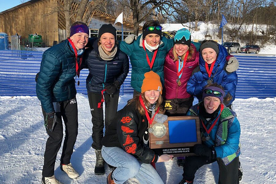 Skiers from left to right (top) Erika Peterson 8, Eliana Storkamp 9, Izzy Bergman 10, Ella Hock Robinson 8, Josie Ferguson 10, Izzy Willette 12 and Anna Mulhern 12 made it to state as a team. Photo courtesy; Izzy Willette.