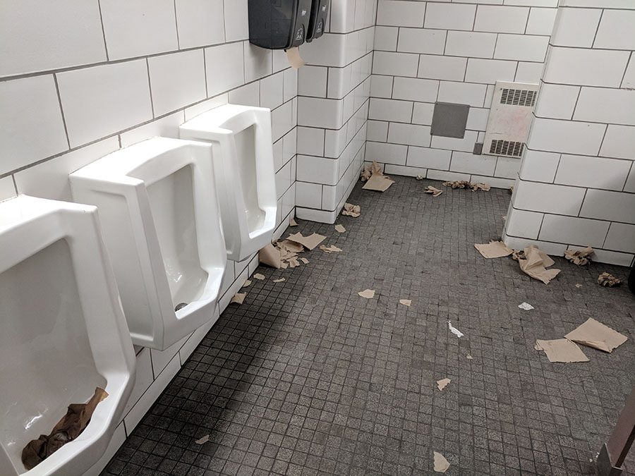 Above is a picture of the first floor bathroom, which has been completely littered with shreds of paper towels. They have been scattered all over the floor, and have even been stuffed into the urinals. Do you want to be the person who has to go in there and clean all that up? Didn’t think so.