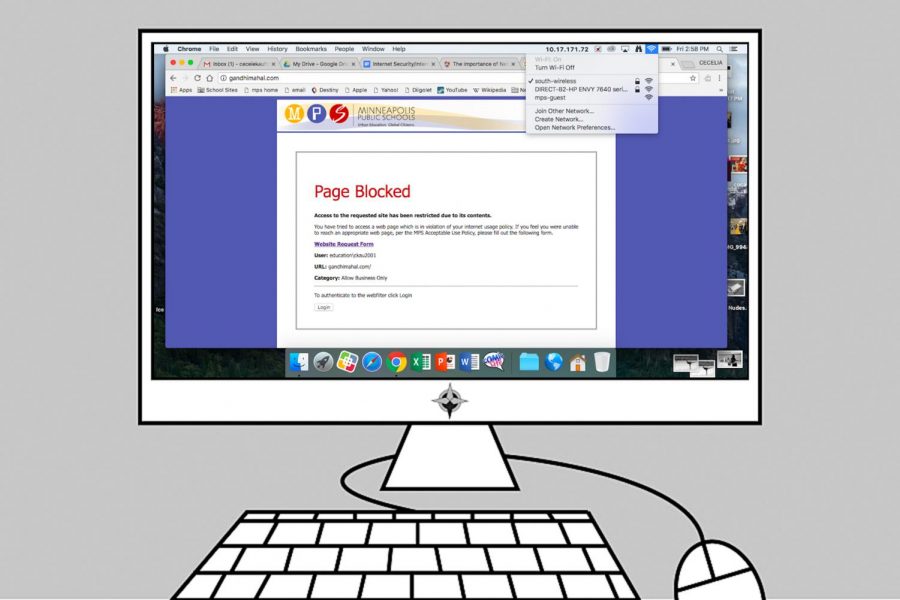 Students and staff are sometimes faced with the “Page Blocked” pop up when they are trying to complete a project or anything else while on the school wifi. Along with websites, social media apps like Snapchat, Facebook, and Instagram are also blocked on phones if students are on school wifi. Graphic: Eli Shimanski