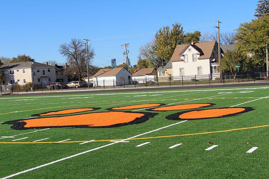  This is a picture of the logo which students designed in their Civil Engineering Class at South. The logo is supposed to represent a tiger paw, and is located in the center of the new field. This design was chosen over others for its simplicity and connection to South’s sports teams, the tigers. Photo: Patrick Bruch