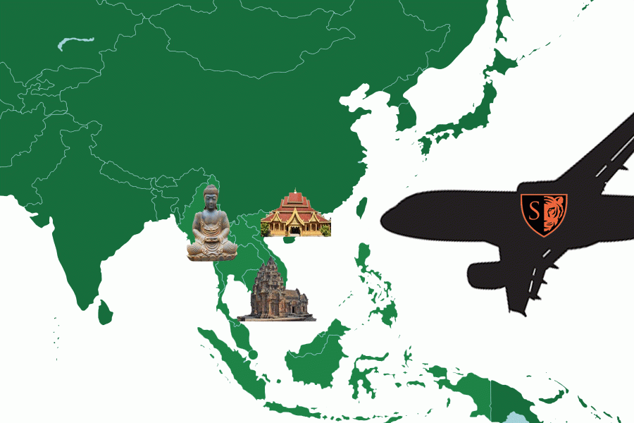 Graphic depicting a plane going to Southeast Asia with various landmarks listed by countries of origin. With the trip spanning three countries—Cambodia, Thailand, and Vietnam—there will be much to see, whether it’s the Việt Cộng tunnel networks used during the Vietnam War, the intricate temple of Angkor Wat in Cambodia, or the Buddhist temples of Thailand. Graphic Credit: B Fei