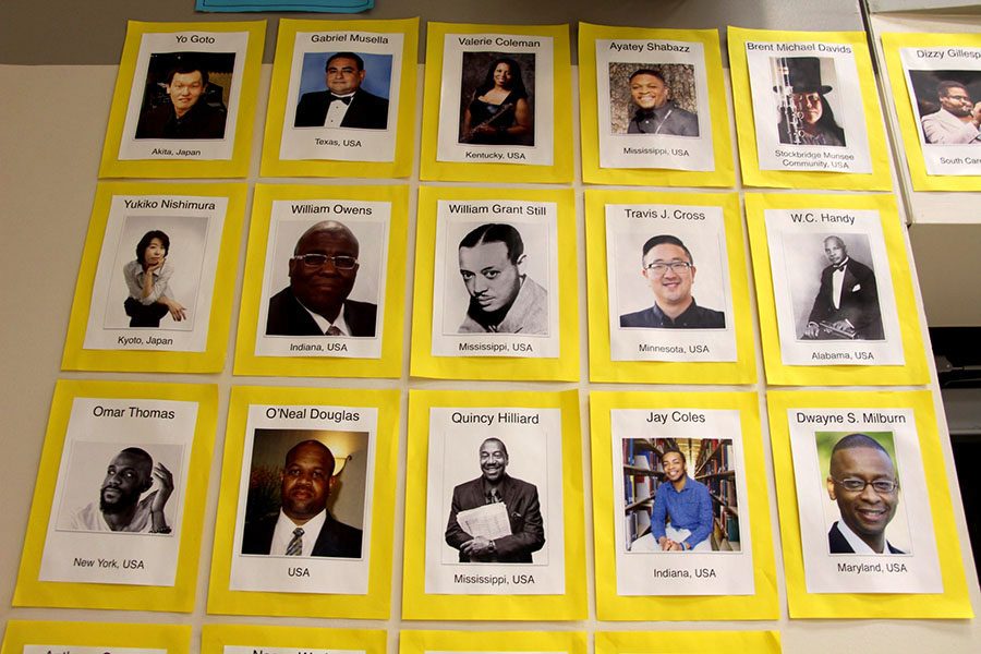 The wall in the band room that houses the pictures of all composers of color that the bands are playing music from this year. “One of the many purposes of playing music by composers of color was to help students of non-white background feel inspired to not only stay in a music ensemble here at South, but to also consider having a future in music at the college level,” said Sayre. “Another [purpose] is certainly to help our community understand that music of all genres is written and appreciated by all kinds of people.”