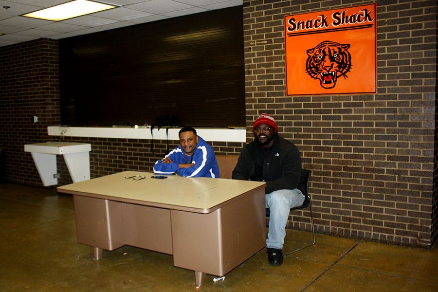 Cedric McKinley and Russell Smith working in their usual spot by the snack shack. “I feel like the position we’re in right now, I think, hurts us more because now we do have a relationship with the kids that we used to have but its not the same because we’re not walking down the hallways, we’re not telling them ‘hey go to class and go do what you need to do to get the job done,” said McKinley.
