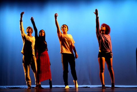 Company 1 Dancers Rahma Ahmed, Britney Birch, Tae N., and Emmalise DeBlieck perform the dance Stories of Education at the Fall Dance Performance on November 13 and 14, 2019. Our project began with each dancer choosing a social issue that they deeply cared about and had some experience with in their life. Dancers partnered with other dancers who shared a connected topic, eventually dancers formed small groups and began to create their masterpieces of choreography on their social issues...Finding others to create art around their issue allowed them to have a sense of safety and empowerment, supporting each other in the process of speaking out, said dance teacher Nancy Nair in the program for the event.