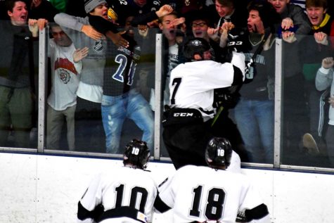 Members of the Minneapolis High School Hockey team celebrate with a exhilarated crowd. The teams consist of players from Minneapolis Public Schools, including South, Southwest, and Washburn. In recent years the teams have seen an increase in participation and interest. Ryan Wagner, a senior on the team, who has been playing hockey since he was six years old, said, “I feel like the number of boys and girls [from South] has increased over the years and it just keeps growing.”
