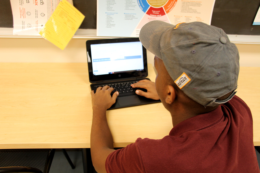 A student applies for Step Up in the CCC.  Step Up helps students of Minneapolis get their first jobs, and helps teach interviewing skills, professional skills, and much more.
