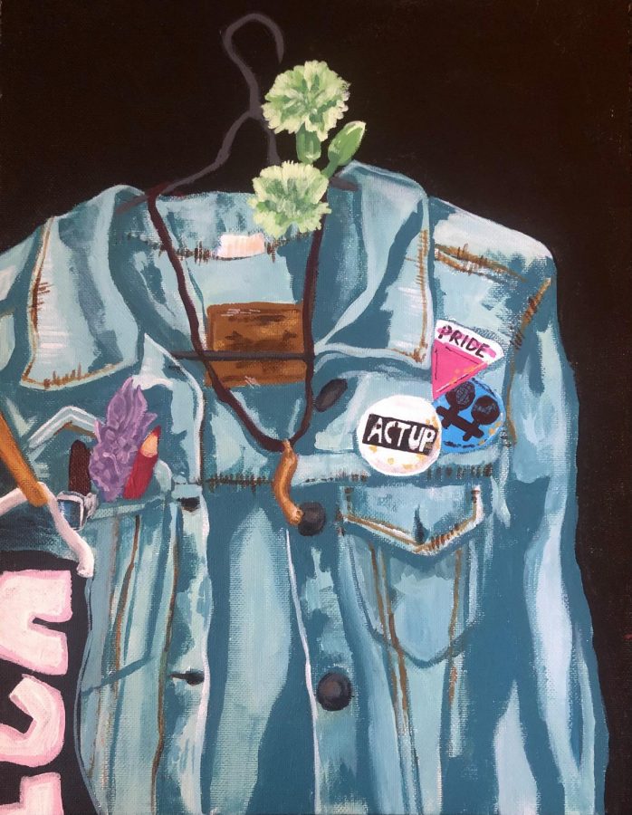 “I did a still life of my denim jacket with a whole lot of pins and other things on it that [were] exploring time and using symbolism to show queer historical imagry, so I have like a pride button, and green carnations, which represented Oscar Wilde, and then lavender, which is like the lesbian flower, and stuff like that.”  By: Izzy Spiess