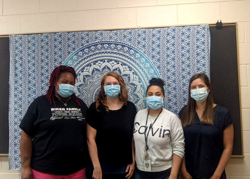 Current School Based Clinic Staff, from left to right: Laura Green (medical assistant), Michelle Erdman (health educator), Ashley Osio (mental health therapist), Laura Carpenter (mental health therapist). 