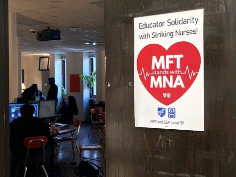A poster representing the mutual support of the Minneapolis educators and nurses, two unions whove found common ground regarding their fights for stability. “Unions have really dwindled over the last 50 or so years, but now their having this major comeback,” says Greta Callahan, president of the MFT, teacher chapter. “That’s essential for rebuilding the middle class, racial equity, [and] for social issues.”