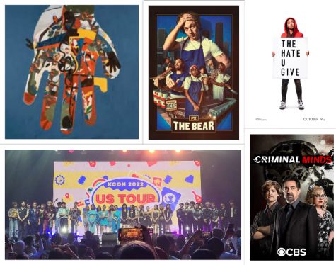 Southerner staff writers reflect on the art and media they consumed over the summer. Image credits, clockwise: Domino Recording Company (Freakout/Release), FX (The Bear), 20th Century Studios (The Hate U Give), Hodan Ibrahim (KCON), CBS (Criminal Minds) 