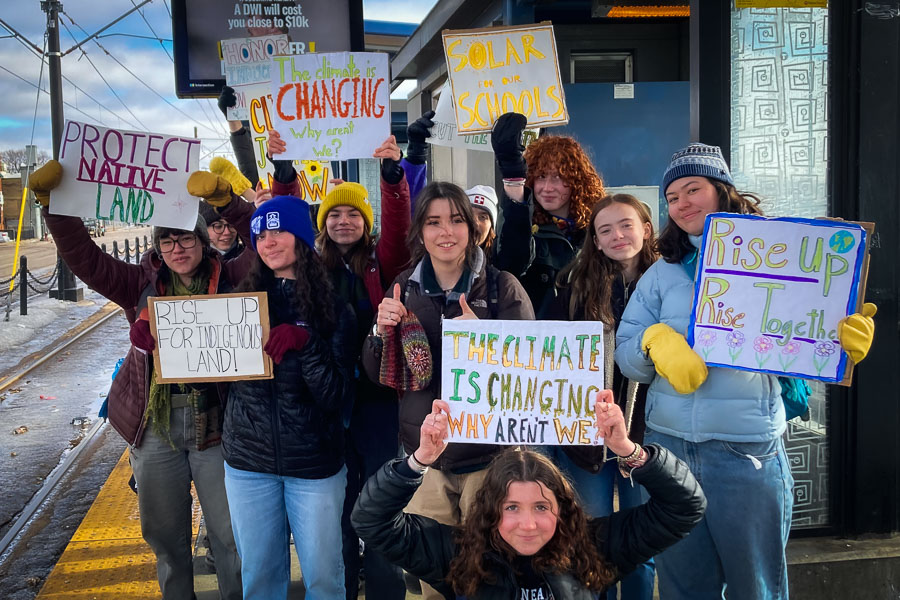 South high’s Green Tigers on their way to the Capitol to support climate justice solutions and indigenous reparations. “We want to listen to Indigenous people about what is being done to the land and what will happen to all of our futures, by being here we can show our support and advocate for change in our world,” says Macy Gearhart, a sophomore at South and part of Green Tigers. 