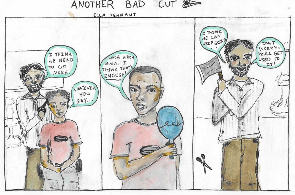Satirical cartoon Another Bad Cut, created by Visuals Editor Ella Tennant, was featured in this print edition.