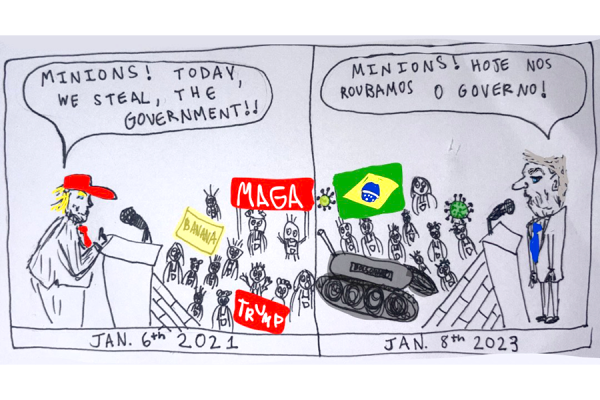Comedic comic strip portraying Trump on January 6th, 2021, pushing his supporters to “steal the government” and Bolsonaro on January 8th, 2023, pushing his supporters to “steal the government.” Both Trump and Bolsonaro motivated many of their supporters to storm government buildings following their loss in the presidential elections of the previous year.
